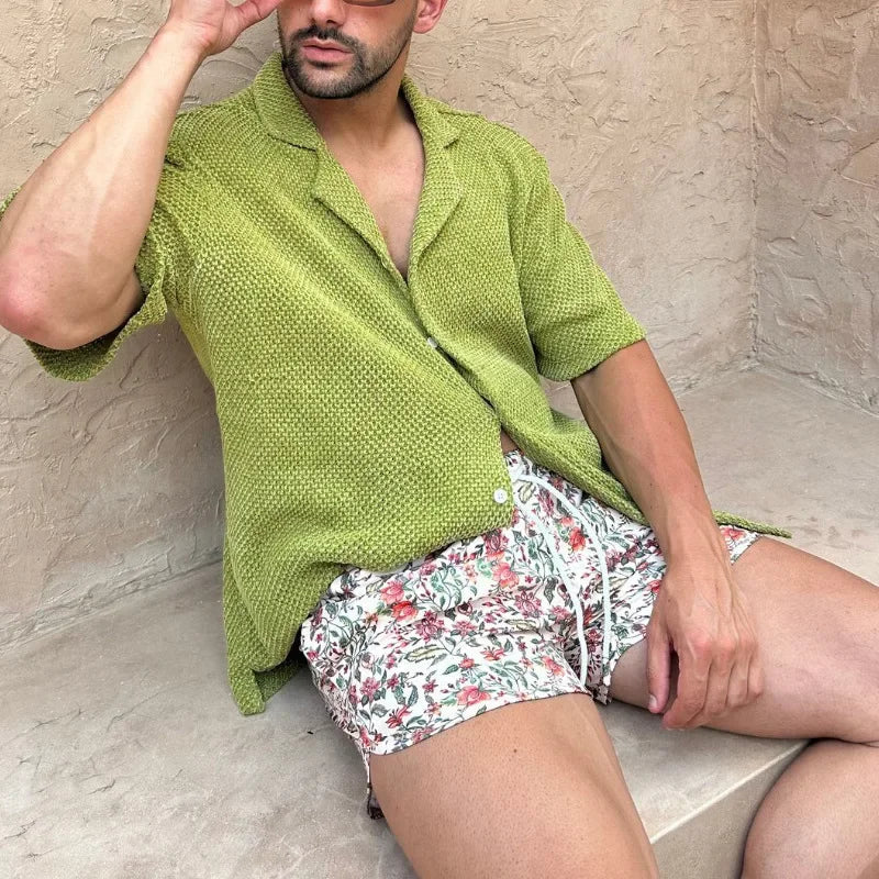 Beach Style Breathable Knitted Mens Set Summer Casual Pure Color Short Sleeve Knit Shirt And Shorts Two Piece Suits Men Outfits