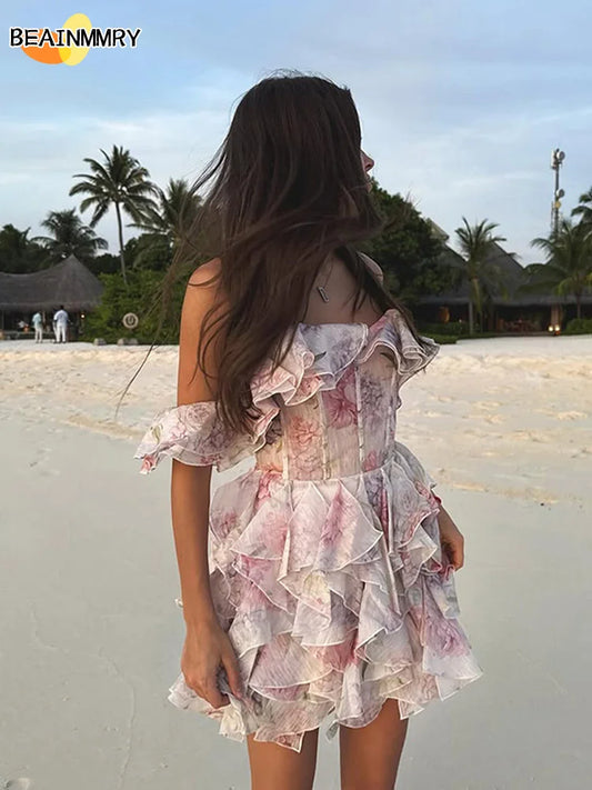 Women Summer Off Shoulder Tie-dye Pleated Mini Dress Fashion Print Flower Slim Vestido 2025 Ladies Out Vocation Beach Party Wear