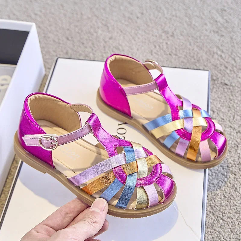 Girls Sandals New 2025 Summer Fashion Princess Party Dress Shoes Kids Colorful Soft Sandals Toddler Children Beach Weave Flats