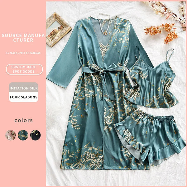 Female 3PCS Pajamas Set Spring Summer New Sleepwear Home Clothes Print Cherry Flower Long Kimono Bathrobe Gown Rayon Loungewear