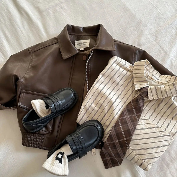 Childrens Jacket 2024 Autumn New Solid Color Collar Leather Jacket for Boys and Girls Baby Short Coat Trendy Simple
