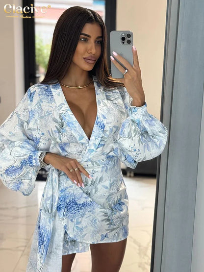 Clacive Sexy Loose Print Women's Dress 2024 Fashion V-Neck Puff Sleeve Mini Dresses Elegant Classic Lace-Up Dress Female Clothes