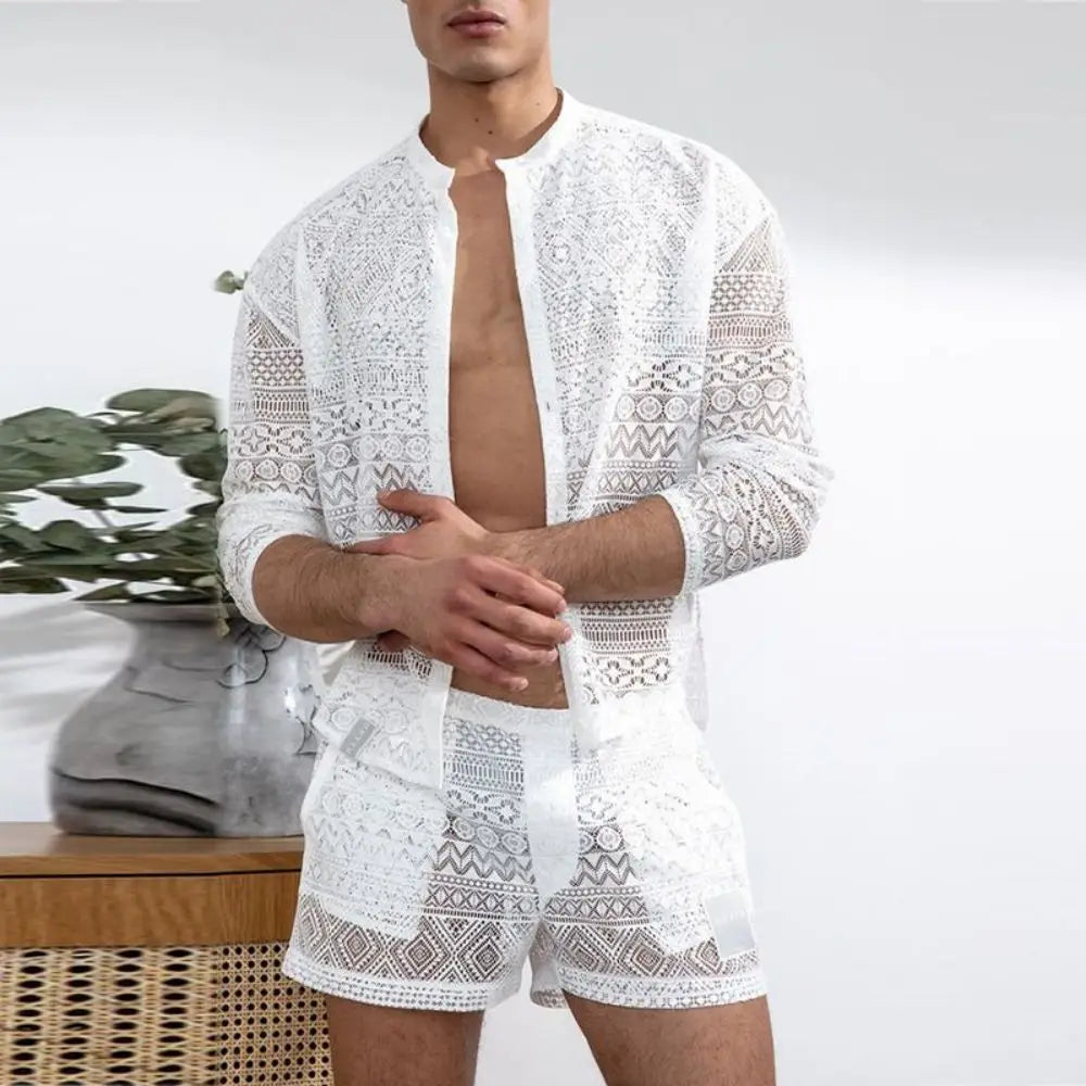Mens Fashion Set Summer New Hollow Out Sexy Lace Shorts Pattern Print Shirt Two Piece Suits Trendy Elegant Beach Clothes Outfits