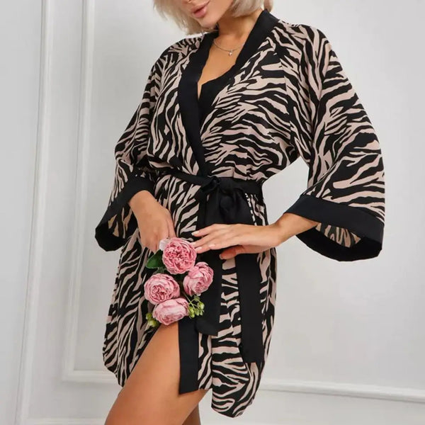Lady Nightgown With Adjustable Waist Ties Leopard Print Cardigan Three Quarter Sleeves Satin Homewear Nightgown Sleepwear