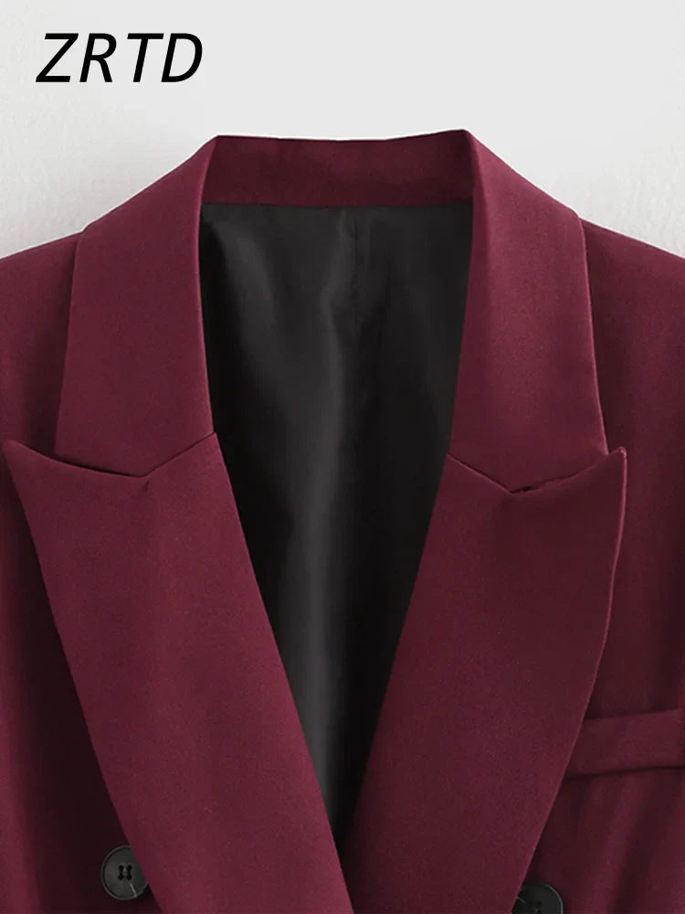 Vintage Women's Burgundy Blazers Elegant Lapel Double Breasted Pocket Full Sleeve Suit Jacket 2024 Autumn Lady Office Outwear