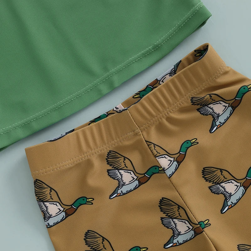 Toddler Baby Boys Rash Guard Swimsuit Set Shark/Duck Print Short Sleeve Round Neck Tops with Shorts and Swim Hat 3 Pcs Set
