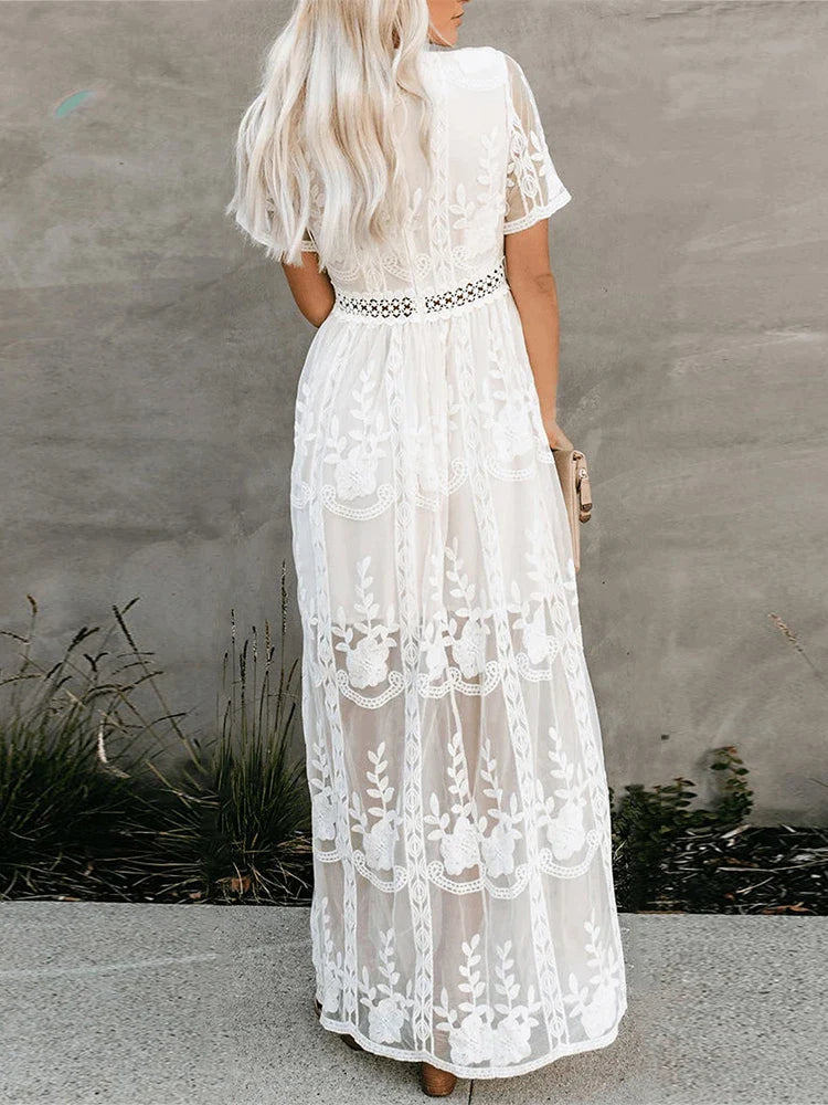 Jastie 2025 Summer Boho Women Maxi Dress Loose Embroidery White Lace long Tunic Beach Dress Vacation Holiday Women Clothing