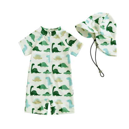 Tregren 0-3Y Infant Toddler Kid Baby Boy Swimsuit Dinosaur Shell Print Zipper Swimwear + Hat Summer Beachwear Bathing Suit