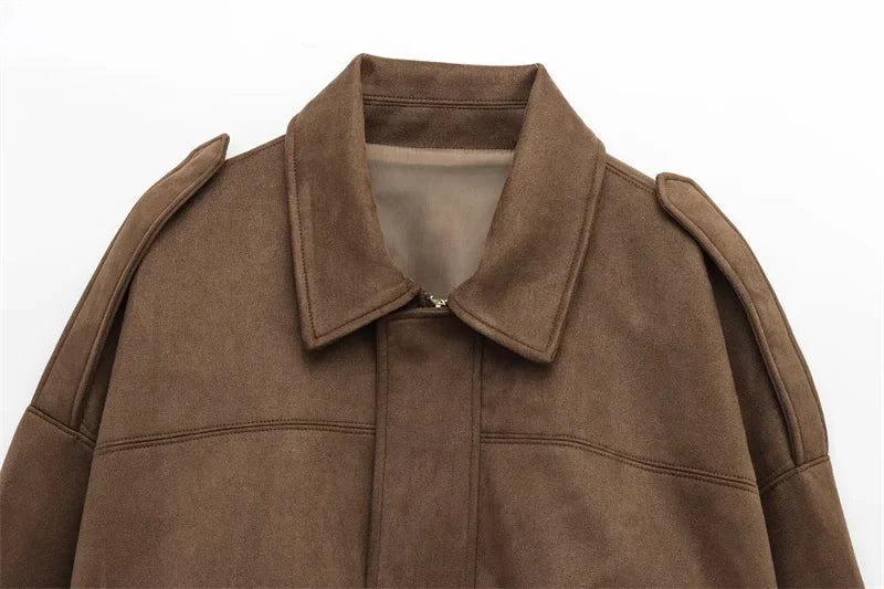 Fashion Brown Suede Bomber Jacket Women Elegant Zipper Lapel Long Sleeve Short Coats Female Vintage Street Chic Lady Outerwear