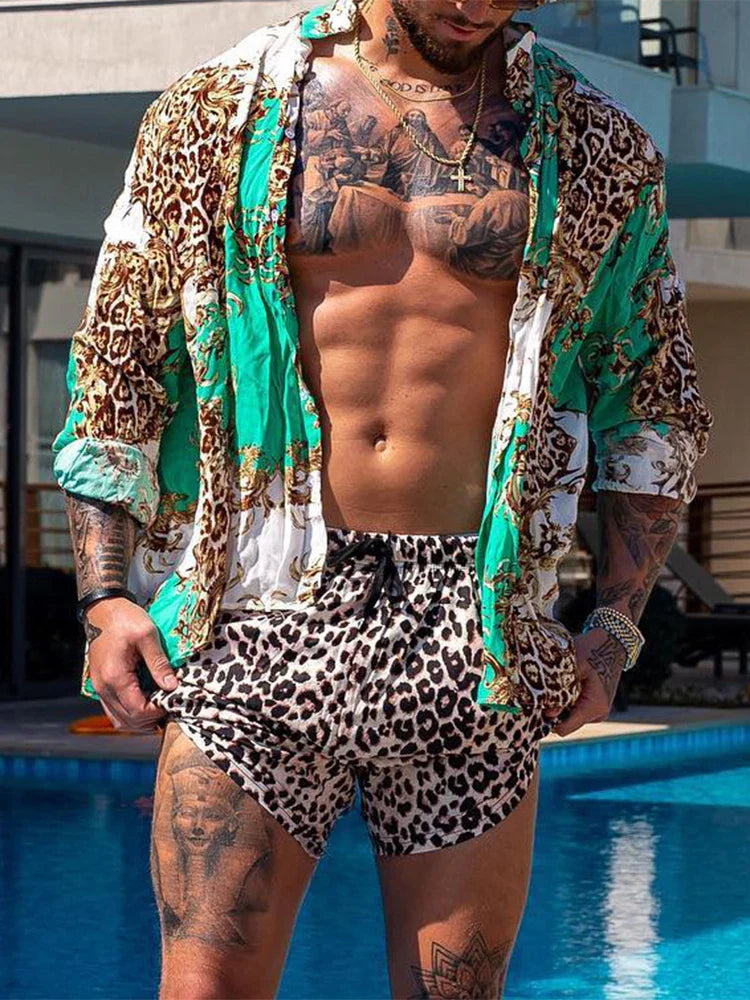 Beach Style Casual Two Piece Mens Outfits Set Summer Fashion Striped Short Sleeve Lapel Shirts and Shorts Suits for Men Clothing