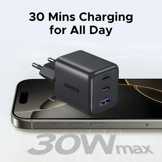UGREEN 30W GaN зарядний пристрій PD 3.0 QC4.0 USB C зарядний пристрій для iPhone 16 15 14 Pro Samsung S25 Xiaomi планшет iPad Air Pro зарядний пристрій для телефону