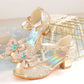 Summer Girls Sandals With Heel Fashion Rhinestone Shiny Glitter Shoes Children Princess Bowtie Pearl Dancing Shoes H876