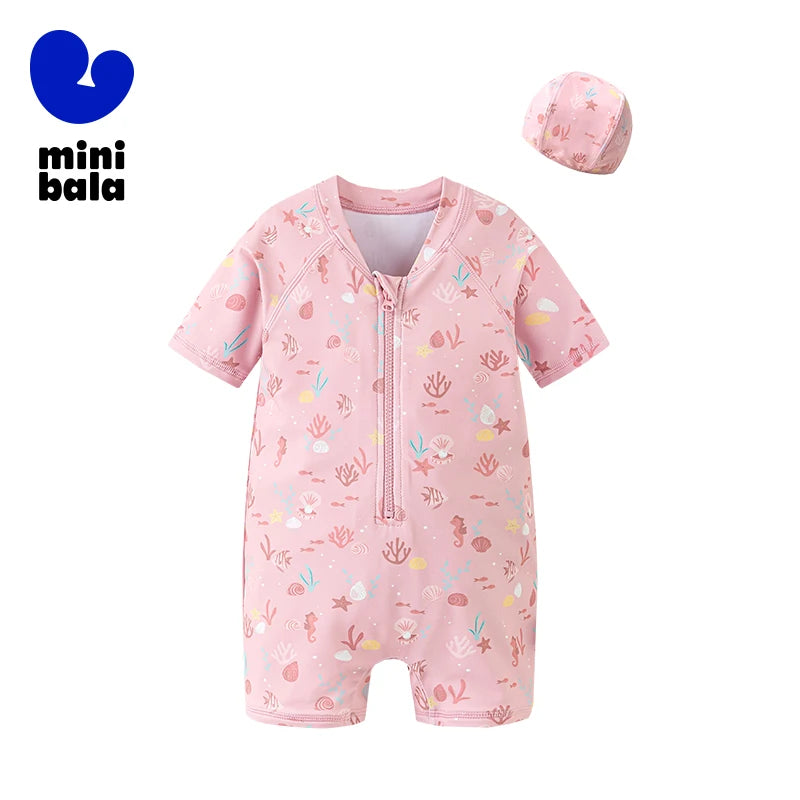 Цільний купальник Mini Bala для хлопчиків і дівчаток з короткими рукавами, захист від сонця з шапочкою для плавання, літо 2025, для басейну та пляжного відпочинку