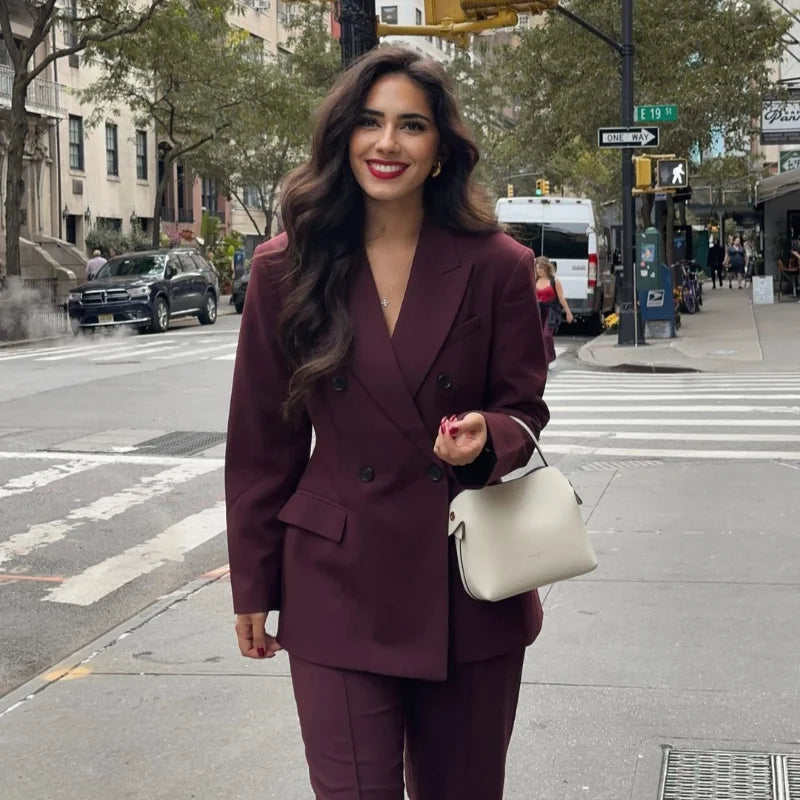 Vintage Women's Burgundy Blazers Elegant Lapel Double Breasted Pocket Full Sleeve Suit Jacket 2024 Autumn Lady Office Outwear