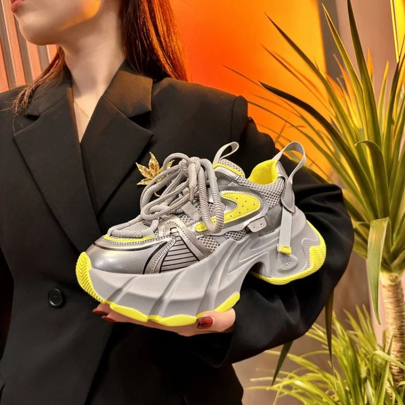 Women High Platform 6CM Casual Sneakers 2024 New Spring Lace-up Chunky Sneakers Korean All-match Designer Street Shoes Woman