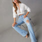 Women Denim Flare Pants Streetwear Jeans Loose Fit High Waist Pockets Holes Ankle Length Solid Color Spring 2024 Zipper Fly