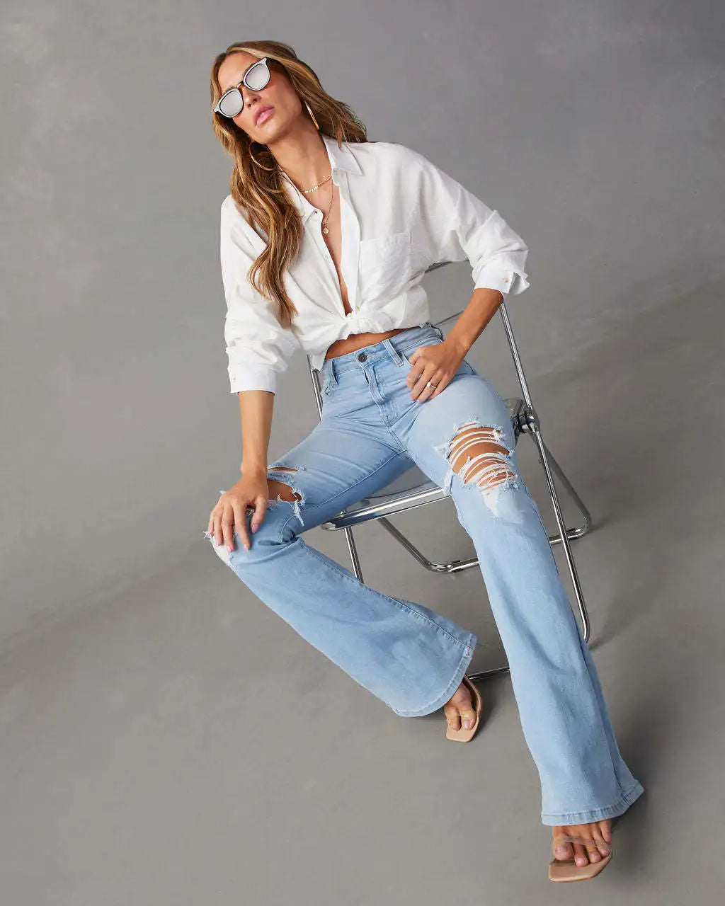Women Denim Flare Pants Streetwear Jeans Loose Fit High Waist Pockets Holes Ankle Length Solid Color Spring 2024 Zipper Fly