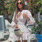 Elegant Long-sleeved Waist Dress For Ladies Spring Summer Sweet Floral Printing Lace Spliced short Party Dresses Female 2025