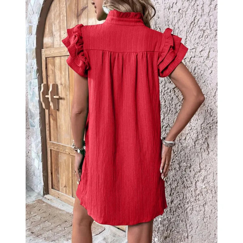 Womens Dress 2024 Summer New Fashion Versatile Multi Layered Ruffle Sleeve V-neck Pullover Dress Green Solid Mini A-Line Dresses