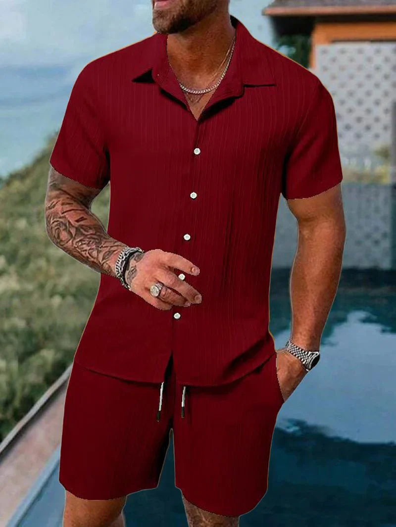 Spring and summer Europe and the United States new men's striped jacquard beach suit loose shorts shirt