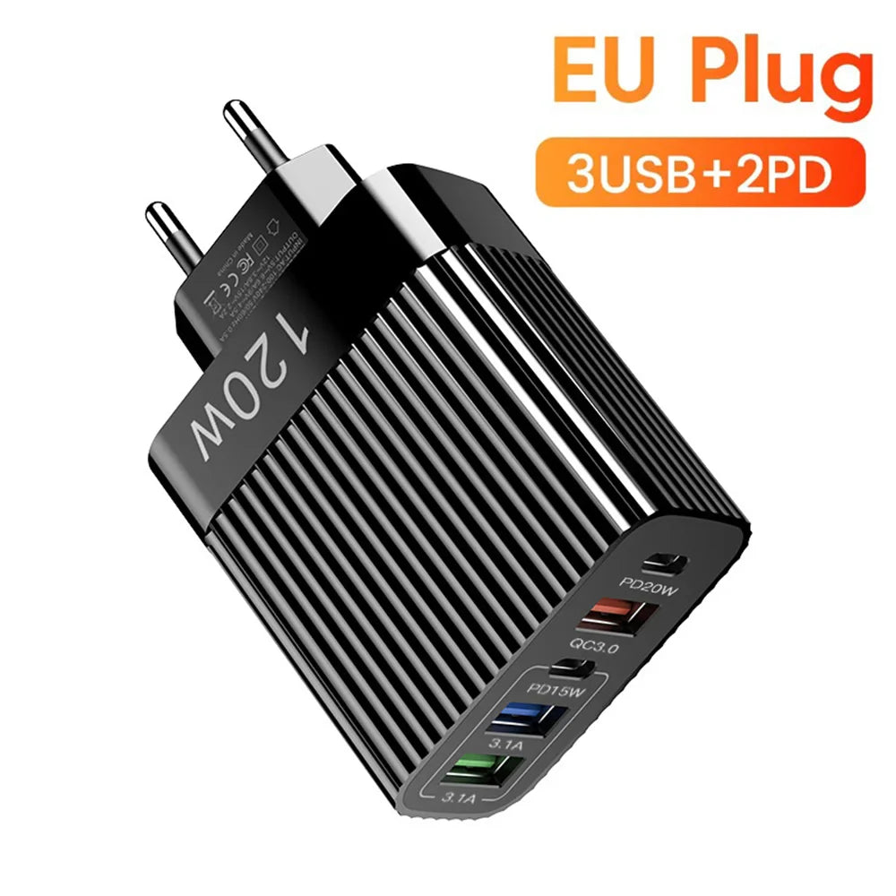 USB швидкий зарядний пристрій 5 портів PD Type C швидка зарядка адаптер для телефону iPhone 15 Pro Samsung Xiaomi Huawei USB C настінний зарядний пристрій
