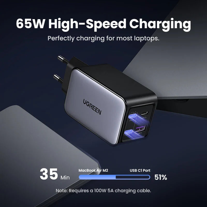 UGREEN 65W GaN зарядний пристрій 4 порти USB C швидка зарядка Quick Charge 3.0 PD 3.0 для Macbook Air, ноутбуків, планшетів, iPhone 16 15 14 Pro Max