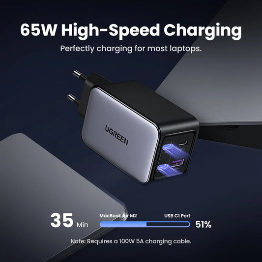 UGREEN 65W GaN зарядний пристрій 4 порти USB C швидка зарядка Quick Charge 3.0 PD 3.0 для Macbook Air, ноутбуків, планшетів, iPhone 16 15 14 Pro Max