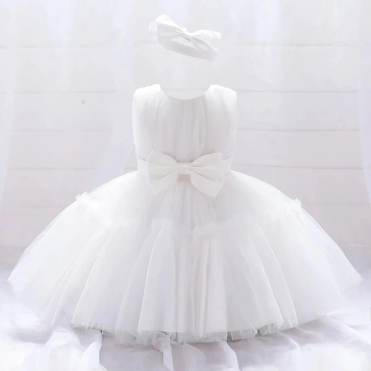 Baby Pleated Girl Princess Dress Outfit Infant White 1st Birthday Baptism Dress Toddler Bow Party Wedding Prom Gown Baby Clothes