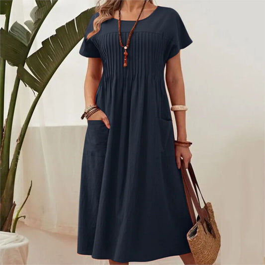 New Solid Color Round Neck Pocket Patchwork Pleated Short Sleeved Cotton And Linen Dress For Women's Army Green Midi Dresses