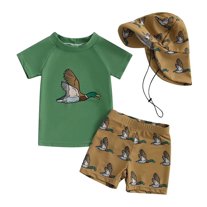 Toddler Baby Boys Rash Guard Swimsuit Set Shark/Duck Print Short Sleeve Round Neck Tops with Shorts and Swim Hat 3 Pcs Set