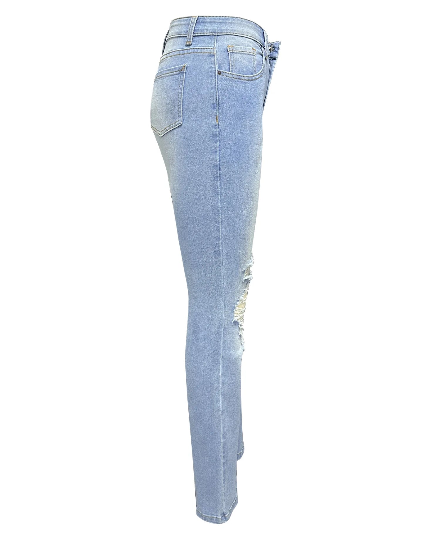 Women Denim Flare Pants Streetwear Jeans Loose Fit High Waist Pockets Holes Ankle Length Solid Color Spring 2024 Zipper Fly