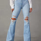 Women Denim Flare Pants Streetwear Jeans Loose Fit High Waist Pockets Holes Ankle Length Solid Color Spring 2024 Zipper Fly