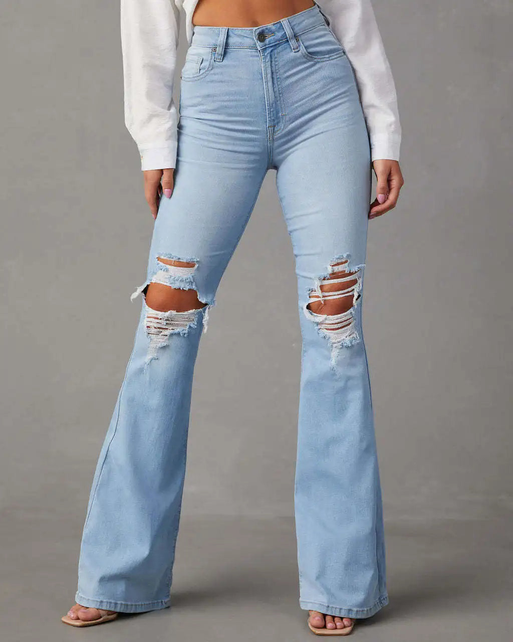 Women Denim Flare Pants Streetwear Jeans Loose Fit High Waist Pockets Holes Ankle Length Solid Color Spring 2024 Zipper Fly