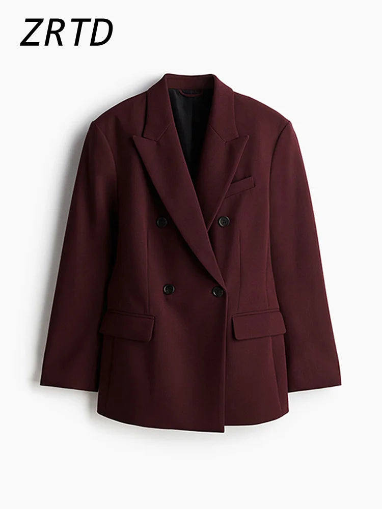 Vintage Women's Burgundy Blazers Elegant Lapel Double Breasted Pocket Full Sleeve Suit Jacket 2024 Autumn Lady Office Outwear