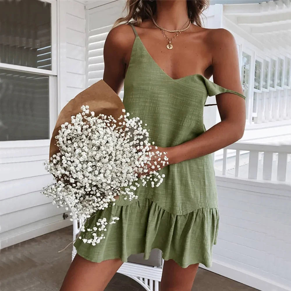 Dress Women Sexy Spaghetti Strap Ruffle Summer Dress 2025 Cotton Linen Vestidos Green Dresses Off Shoulder Sexy Mini Sundress