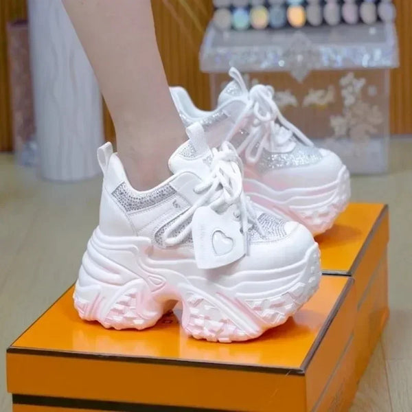 7CM Women Casual Platform Sneakers High Heels New Spring Sports Leather Shoes Bling Trainers Chunky Sneakers Zapatos Mujer