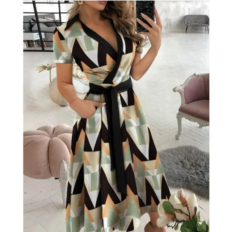 Women Fashion Solid Slim Pocket Lace Up Dress 2023 Spring Autumn Dress Women Casual Printed Short Sleeve V-neck High Waist Dress