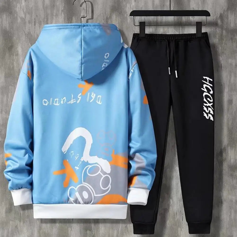 2 Pcs/Set Men Coat Pants Suit Hooded Letter Print Drawstring Loose Jogging Set Hip Hop Ankle-banded Men Sportwear Tracksuit