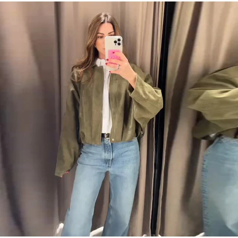 Fashion Brown Suede Bomber Jacket Women Elegant Zipper Lapel Long Sleeve Short Coats Female Vintage Street Chic Lady Outerwear