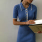 Women's White Knit Maxi Dress, Short Sleeve, Patchwork, Elegant Party Dress, Knitwear Lapel, High Street, Fashion