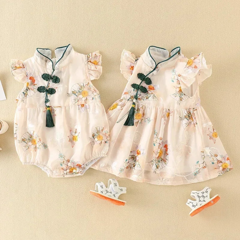 Гарячі розпродажі дитячі літні сукні тонкі китайські стиль Qipao цільний шматок обгортання пердеть пальто новонародженої дитини повний місяць 100 днів спідниця сукні