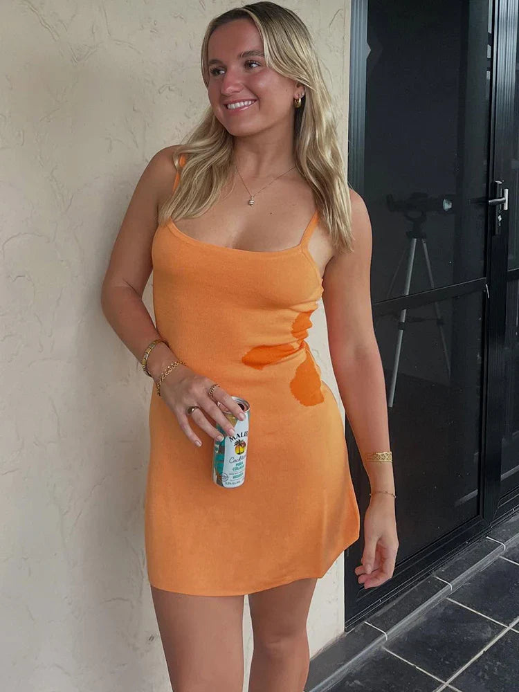 JULISSA MO Knit Print Vacation Sexy Backless Women Dress Blue Spaghetti Strap Mini Dress Female Summer New Casual Beachwear 2025
