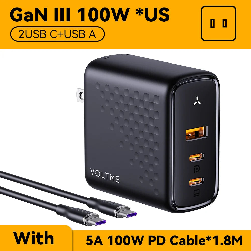 Зарядний пристрій VOLTME 100W GaN для Macbook, планшета, USB Type C, швидка зарядка для iPhone 15 14 13 12, Quick Charge 4.0 3.0