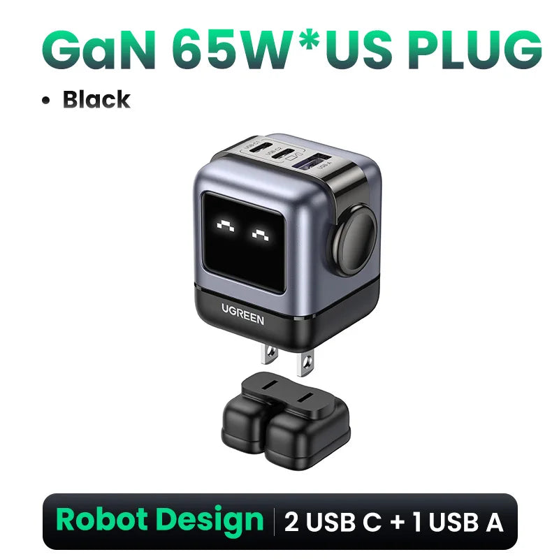 UGREEN 65W GaN зарядний пристрій Uno Robot Design швидка зарядка 4.0 3.0 PPS PD швидкий зарядний пристрій для iPhone 16 15 14 Pro Macbook ноутбук планшет