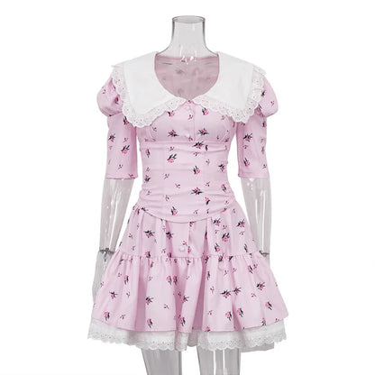 Summer Floral Printed Patchwork Mini Dress Female V-Neck Short Sleeve Slim Fashion Elegant Party Dresses Gown For Women Vestidos