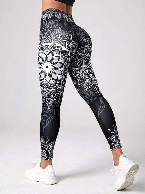 Lotus patterned high waisted leggings, suitable for yoga, running, and dancing as hip lifting sportswear - sporty and fashionabl