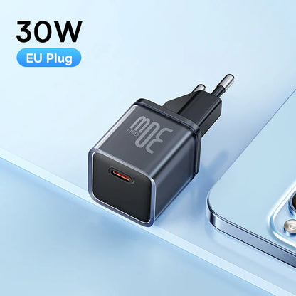 Зарядний пристрій Baseus 30W GaN для телефону, зарядний пристрій для iPhone 16 15 14 13 12 Pro Max, USB C зарядний пристрій, підтримка PD QC PPS швидкої зарядки для ноутбука