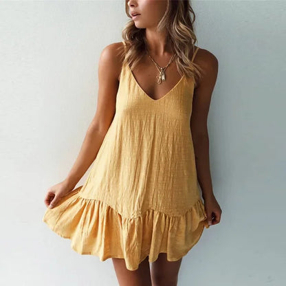 Dress Women Sexy Spaghetti Strap Ruffle Summer Dress 2025 Cotton Linen Vestidos Green Dresses Off Shoulder Sexy Mini Sundress