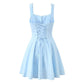 YENKYE New 2025 Women Blue Elegant Party Mini Dresses Sexy Sleeveless Low Waist A-line Summer Dress Lace Up Back Robe