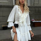Tossy Ruffled V-Neck White Mini Dress Female Patchwork Long Sleeve Elegant Bandage Fashion Dress High Waist Lace-Up Women Dress